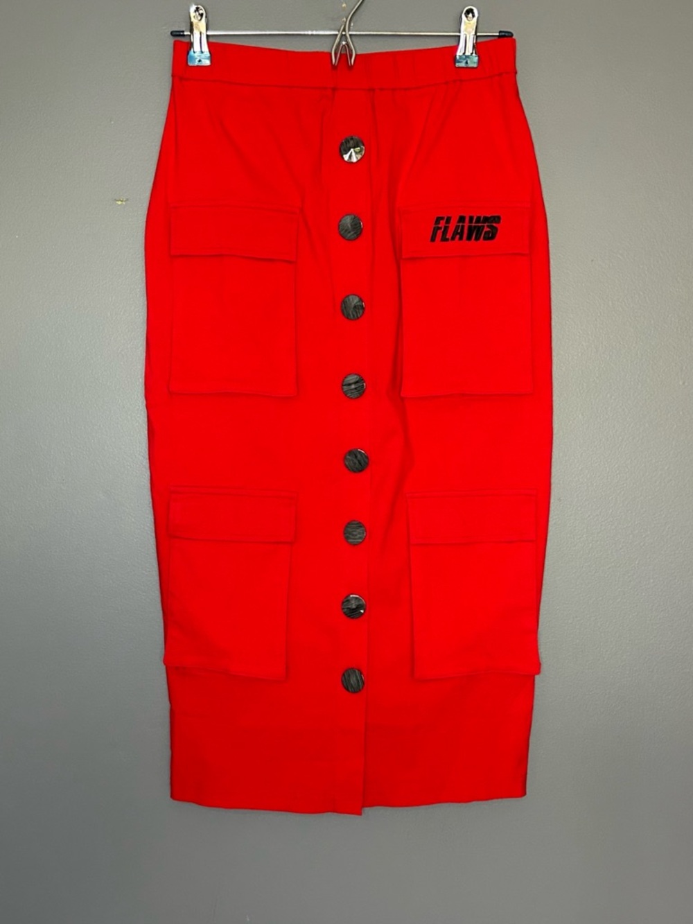 Flaws X Rebdolls Skirt L Red Pencil Cargo Multi Pocket Button Front Midi Bodycon
